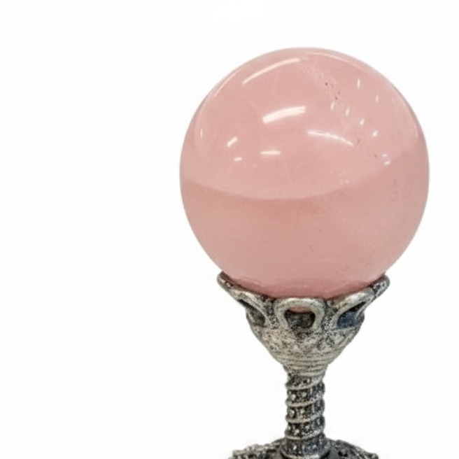 Pink crystal ball on a decorative metal stand against a white background
