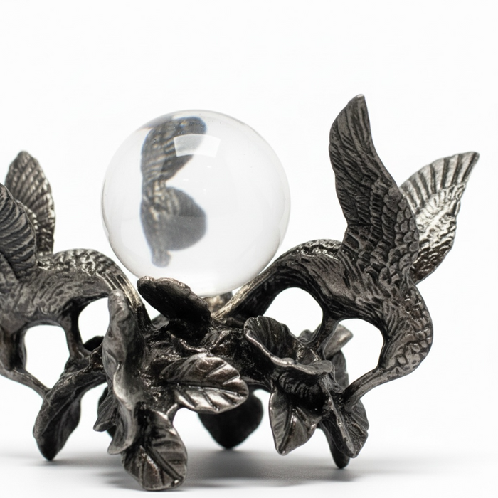 Hummingbird Pewter Sphere Stand with intricate bird detailing, 9cm base for crystal sphere display | Kindred Crystal Collective
