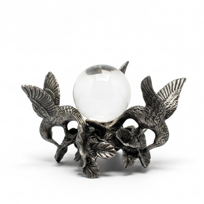 Hummingbird Pewter Sphere Stand with intricate bird detailing, 9cm base for crystal sphere display | Kindred Crystal Collective