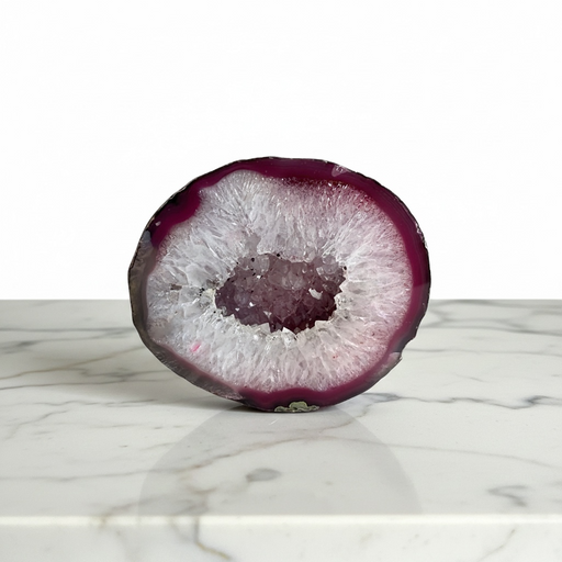 Kindred Crystal Collective - Pink Agate geode druzy slice with deep magenta and rose banding and a sparkling white druzy quartz crystal centre.