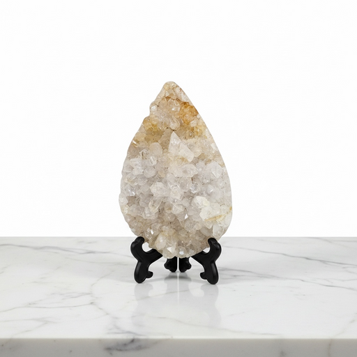 Natural pink amethyst cluster teardrop 267g with soft blush pink druzy crystal surface, for heart chakra, self-love and spiritual connection