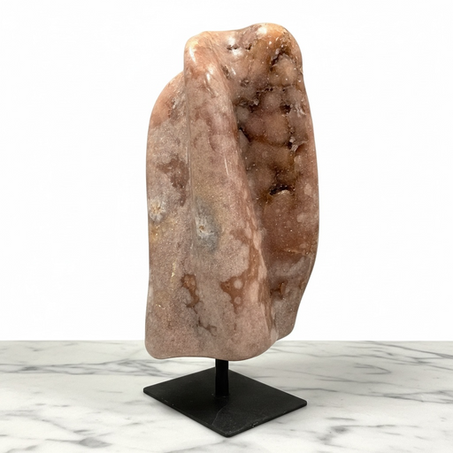 Natural pink amethyst free form 2.9kg, 22cm tall, with soft blush pink druzy crystal surface on metal stand, for heart chakra and self-love