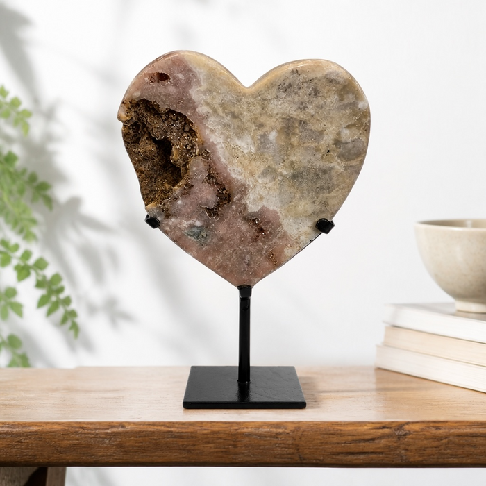 indred Crystal Collective — Pink Amethyst Heart, natural pink amethyst polished heart free-standing from Patagonia Argentina, 22.5cm tall, soft blush and rose tones