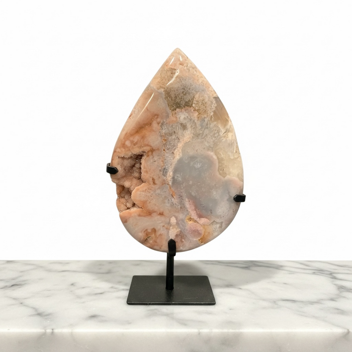 Natural pink amethyst teardrop 2kg, 26cm tall, with soft blush pink druzy crystal surface on display stand, for heart chakra and self-love