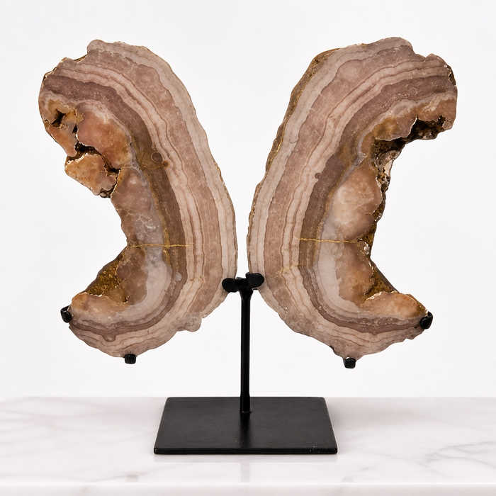 Kindred Crystal Collective — Pink Amethyst Wings, natural pink amethyst wing pair with soft blush druzy crystal surface on black metal display stands, 42cm tall