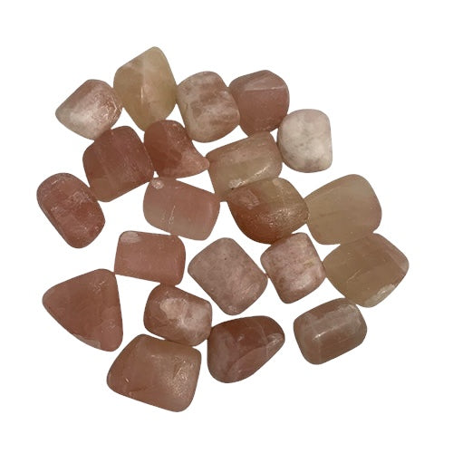 Kindred Crystal Collective - Collection of small Pink Calcite tumbled stones in blush, peachy-rose and cream tones, showing natural colour variation.