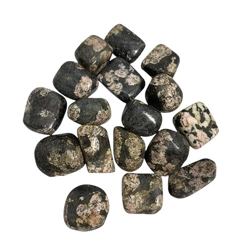 Kindred Crystal Collective - Collection of small Plum Blossom Jasper tumbled stones with dark charcoal base and natural cream and pink blossom-like patterning.