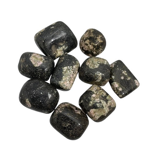 Kindred Crystal Collective - Nine polished Plum Blossom Jasper tumbled stones with deep charcoal black base and soft cream and blush pink floral-like inclusions.