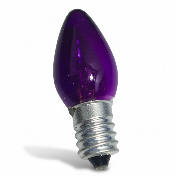Kindred Crystal Collective — Purple Globe 10W Screw-in, purple candle-shaped light globe with a silver-coloured screw base against a white background.