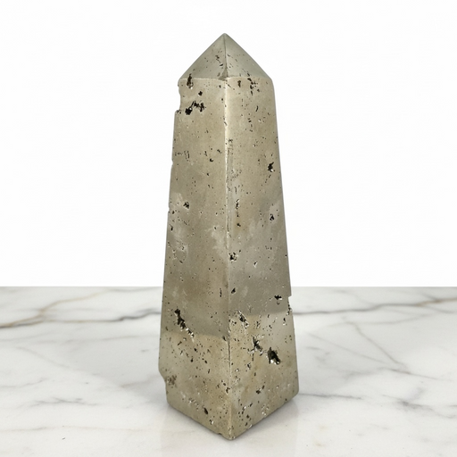 Natural pyrite obelisk 324g with metallic gold lustre and cubic crystal structure, 10cm tower for abundance, prosperity and energetic protection