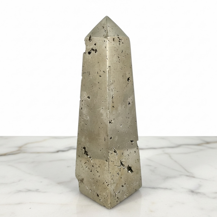 Natural pyrite obelisk 324g with metallic gold lustre and cubic crystal structure, 10cm tower for abundance, prosperity and energetic protection