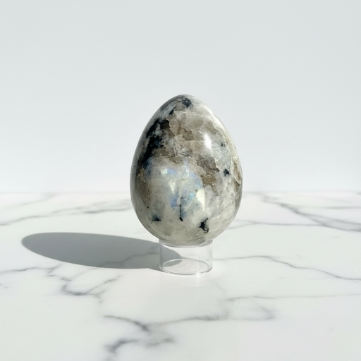  Natural rainbow moonstone polished egg 194g showing ethereal blue adularescence, for new beginnings, intuition, protection and emotional calm