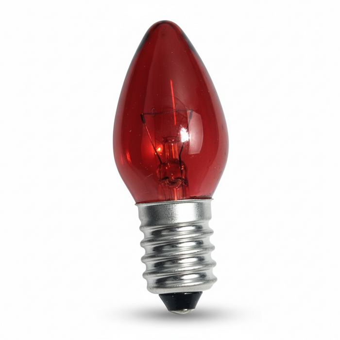 Kindred Crystal Collective — Red Globe 10W screw-in, red candle-shaped light globe with a silver-coloured screw base against a white background.