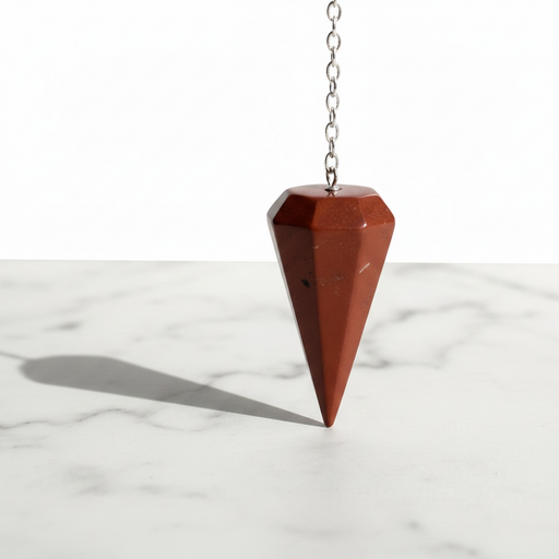 Red jasper crystal pendulum with speckled red surface, faceted point for chakra alignment and energy work