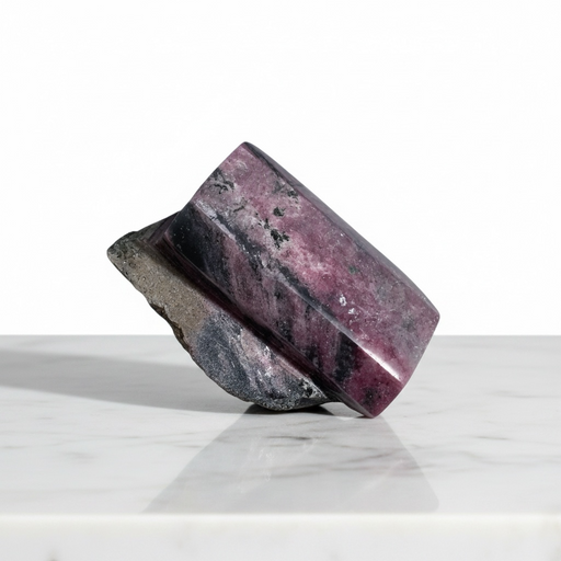 Kindred Crystal Collective — Rhodonite Free Form, deep rose-pink and black veined rhodonite freeform with polished top and raw base, white background