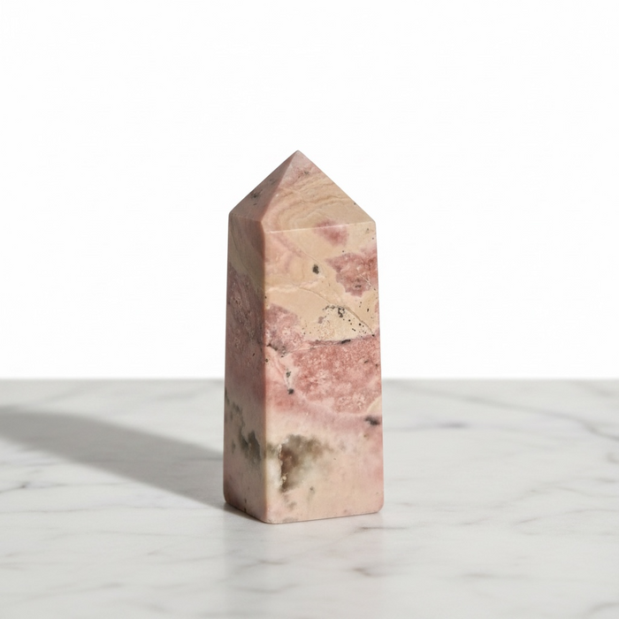 Natural rhodonite obelisk 93g from Peru with vibrant pink and black manganese veining, for love, compassion and emotional healing