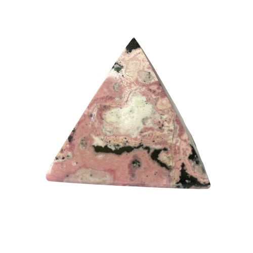 Rhodonite pyramid close-up showing striking pink and black contrast, a healing crystal for love, balance and inner strength