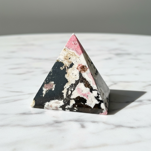 Natural rhodonite crystal pyramid with rich pink and black manganese veins, 234g, for heart chakra healing and unconditional love