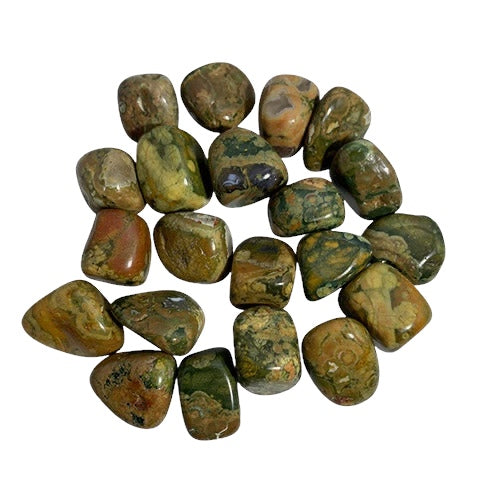 Kindred Crystal Collective — Rhyolite Tumble Stone, earthy olive green and terracotta volcanic stone with natural mottled patterning, 200g pack of 2–2.5cm polished tumbles