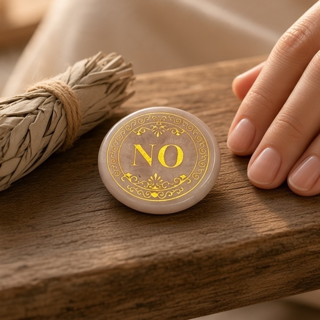 Kindred Crystal Collective — Rose Quartz Yes/No Coin, polished round pink stone with gold-coloured lettering and an ornate scrollwork border.