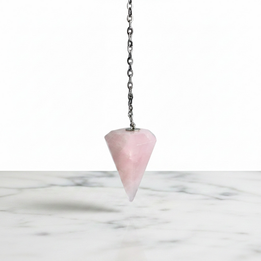 Natural rose quartz faceted pendulum in soft pink, used for dowsing, heart chakra healing and self-love