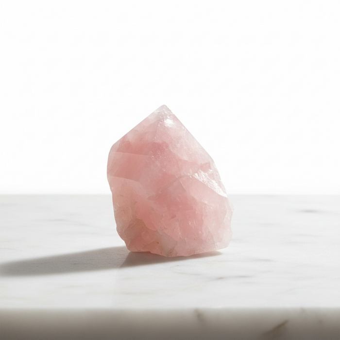 Rose quartz polished top generator 275g in soft blush pink, a crystal tower for self-love, compassion and heart chakra energy