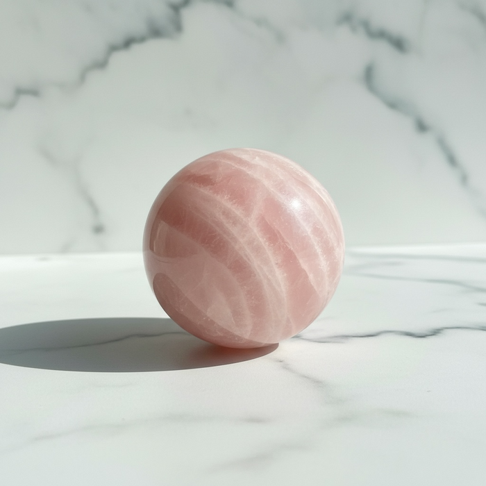 Natural AA grade rose quartz sphere 79mm in soft blush pink, radiating love and heart chakra healing energy