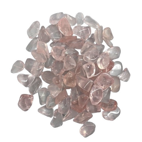 Kindred Crystal Collective — Rose Quartz Tumbled 1.5–2cm, large pile of small polished soft pink to pale blush quartz chips with high-gloss translucent finish on white background