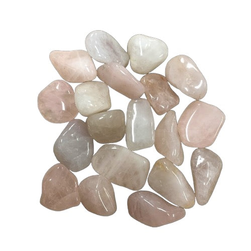 Kindred Crystal Collective — Rose Quartz Tumbled 2.5–3cm Light, eighteen polished pale blush to near-white quartz stones with high-gloss waxy finish on white background