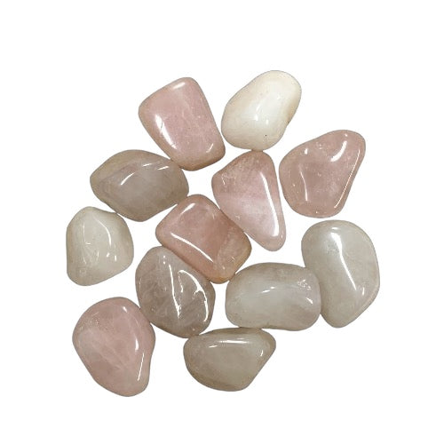 Kindred Crystal Collective — Rose Quartz Tumbled 3cm Light, twelve polished very pale blush to near-white quartz stones with 