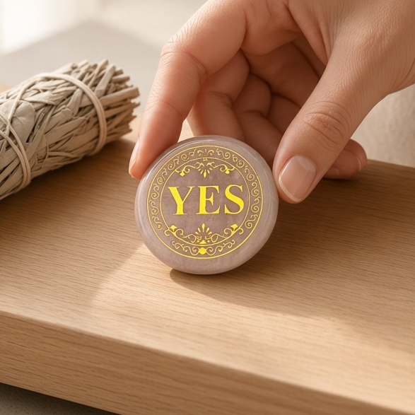 Kindred Crystal Collective — Rose Quartz Yes/No Coin, polished round pink stone with gold-coloured lettering and an ornate scrollwork border.