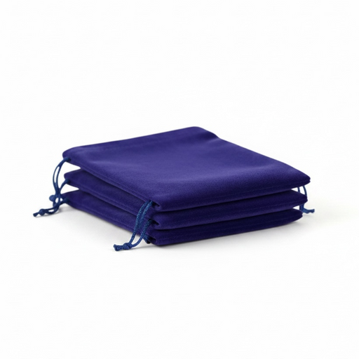 Stack of blue drawstring bags on a white background