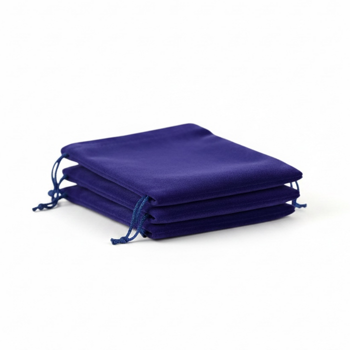 Stack of blue drawstring bags on a white background