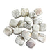 Kindred Crystal Collective — Scolecite Tumbled 1.5–2.5cm, seventeen chunky polished white to pale cream stones with fine grey-black dendritic inclusions on white background