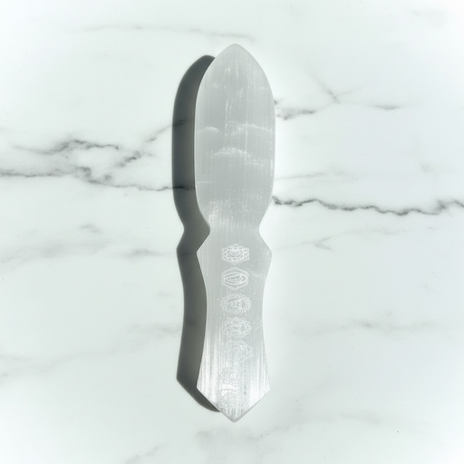 Natural selenite 7 chakra knife 275g with seven coloured chakra gemstones along the blade, for chakra healing, cord cutting and energy clearing