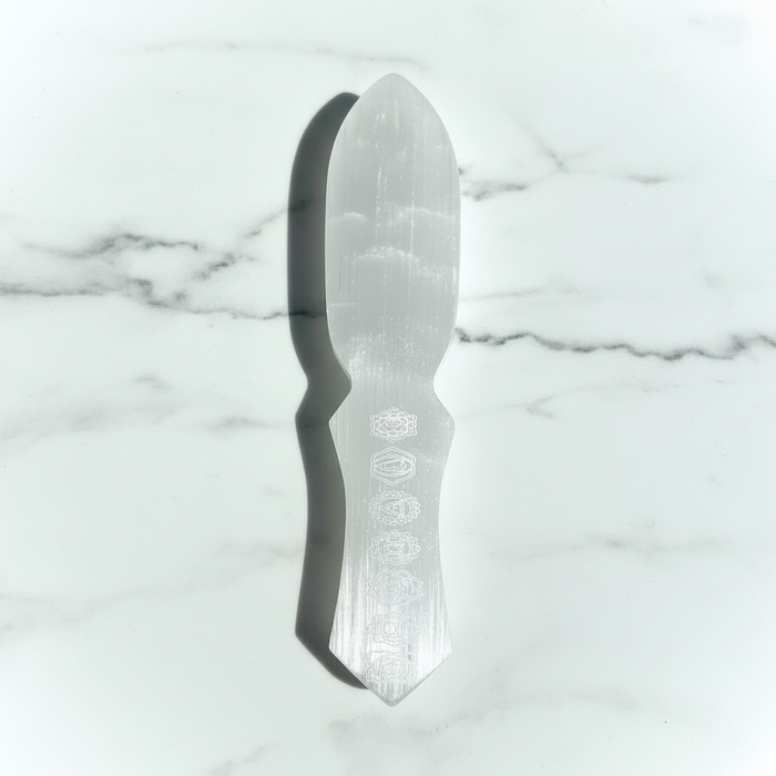 Natural selenite 7 chakra knife 275g with seven coloured chakra gemstones along the blade, for chakra healing, cord cutting and energy clearing