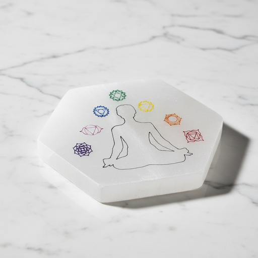 Natural selenite chakra charging plate with engraved seven chakra symbols, for energy cleansing, crystal charging and chakra healing