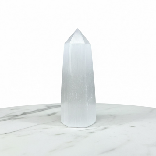 Natural selenite obelisk 15cm in translucent white with silky striations, a crystal tower for energy cleansing and spiritual clarity