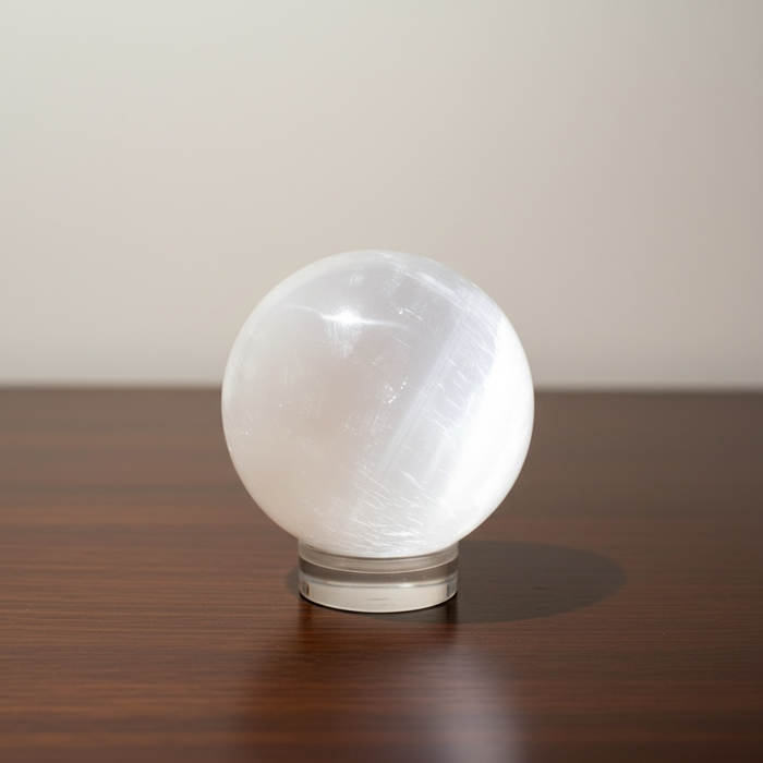 Round Selenite Sphere on wooden bench Kindred Crystal Collective