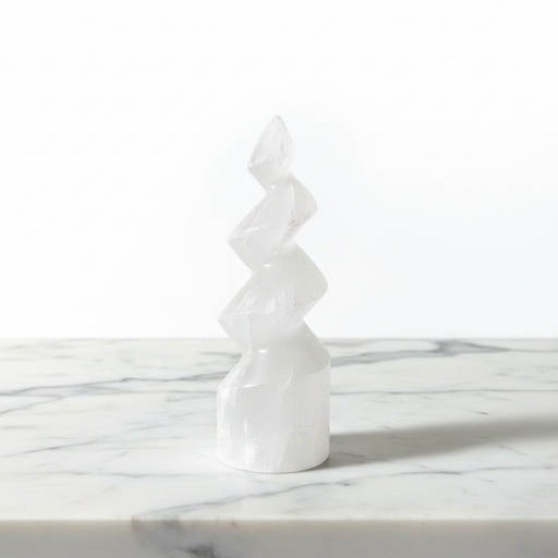 Kindred Crystal Collective — Selenite Spiral Tower, white selenite spiral tower 10cm, front view on white background