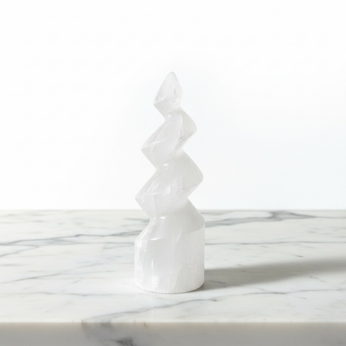 Kindred Crystal Collective — Selenite Spiral Tower, white selenite spiral tower 10cm, front view on white background