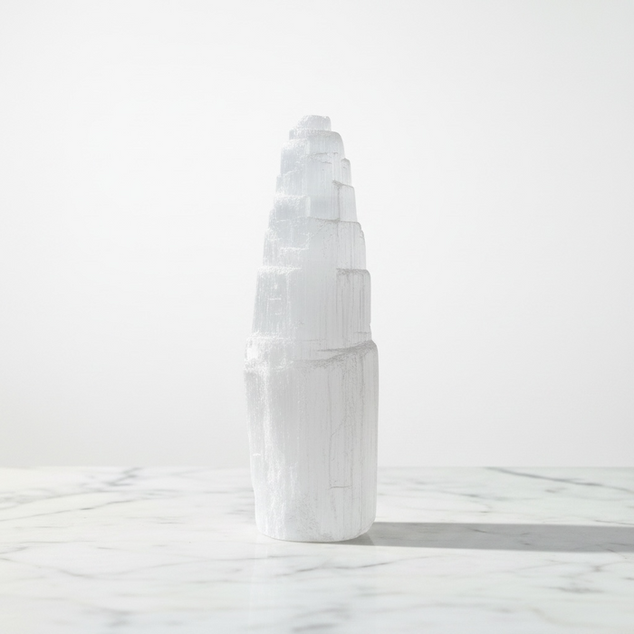 Natural selenite crystal tower 15cm in translucent white with silky striations, for energy cleansing, peace and spiritual clarity