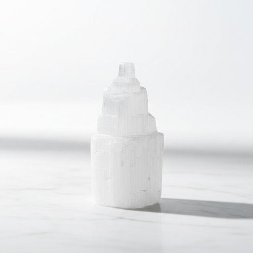 Natural selenite crystal tower 6cm in translucent white with silky striations, for energy cleansing, peace and spiritual clarity