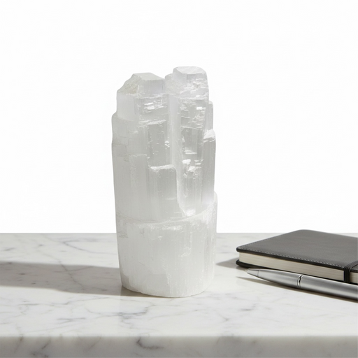 Kindred Crystal Collective - A Selenite Twin Tower Lamp 25cm translucent stone appearance, shown on a white marble surface next to a dark notebook and silver pen.