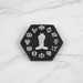 Selenite zodiac plate hexagon in black and white with engraved zodiac symbols, a crystal charging plate for cleansing and protection