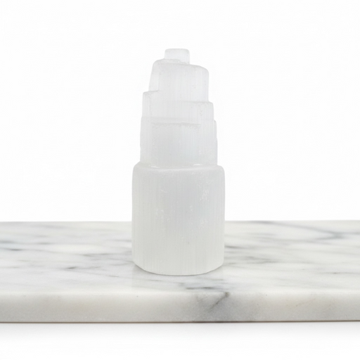Natural selenite crystal tower 10cm in translucent white with silky striations, for energy cleansing, peace and spiritual clarity