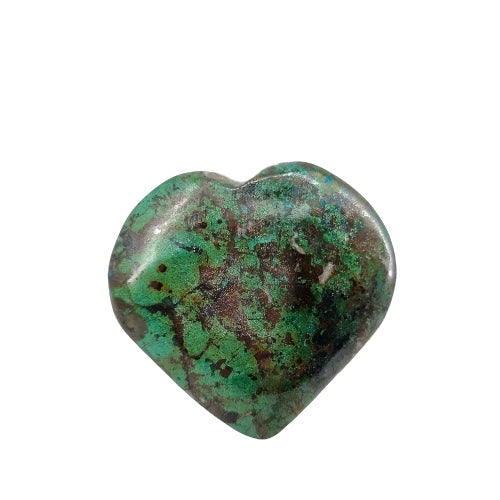 Natural shattuckite carved crystal heart 136g in vivid blue and blue-green with copper silicate patterning, for throat chakra and spiritual enlightenment