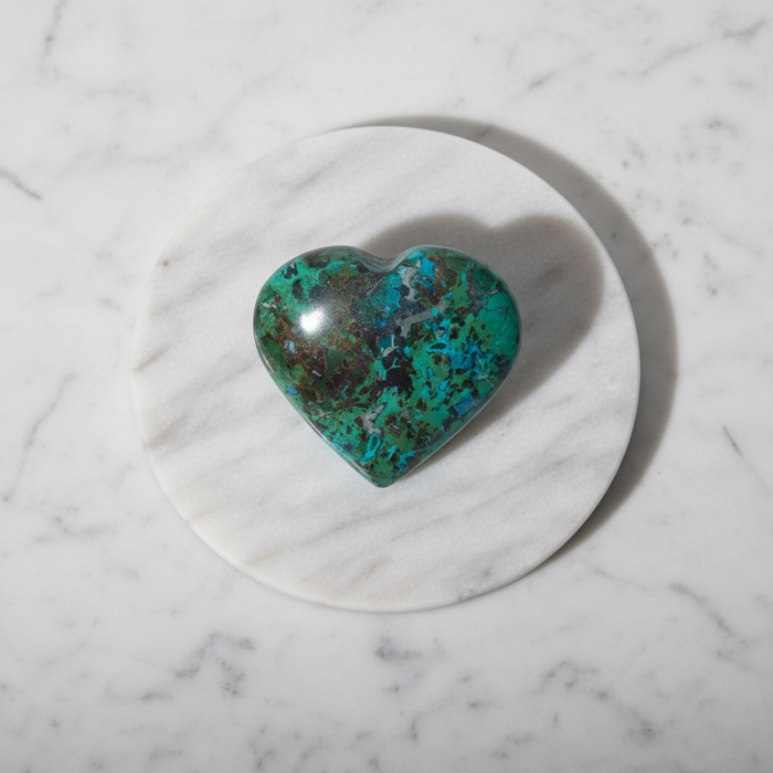 Natural shattuckite crystal heart 115g in deep blue-green, a rare copper silicate mineral for throat chakra, intuition and guidance