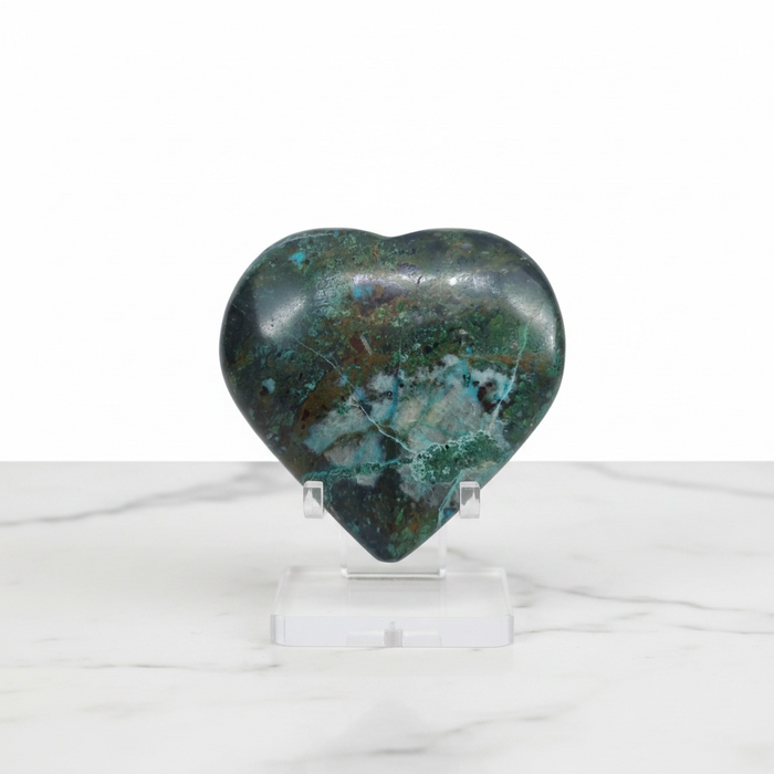 Shattuckite carved heart 128g with vivid blue and earthy tones, a one-of-a-kind rare crystal for enlightenment and spiritual insight
