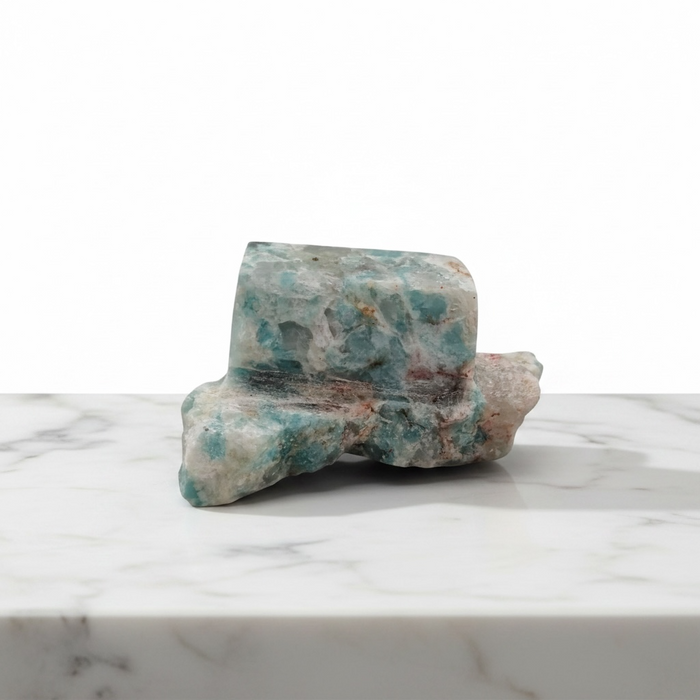 Kindred Crystal Collective — Smoky Amazonite Free Form, raw smoky teal amazonite freeform specimen with grey and white matrix, white background